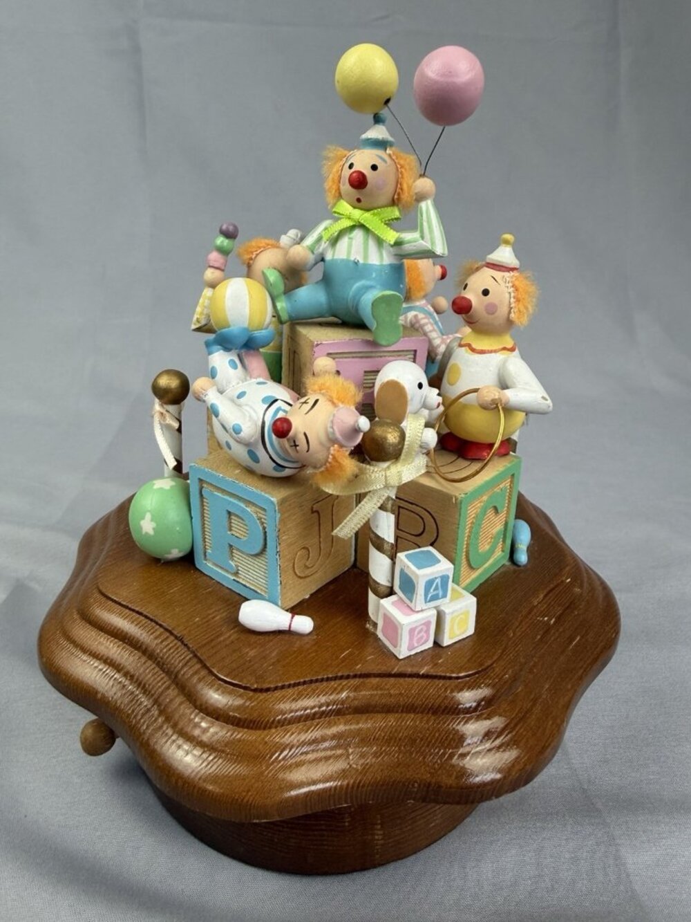 1987 Carousel Schmid Music Box Wood Spinning Clowns Toys "Toy Land" WORKS VTG